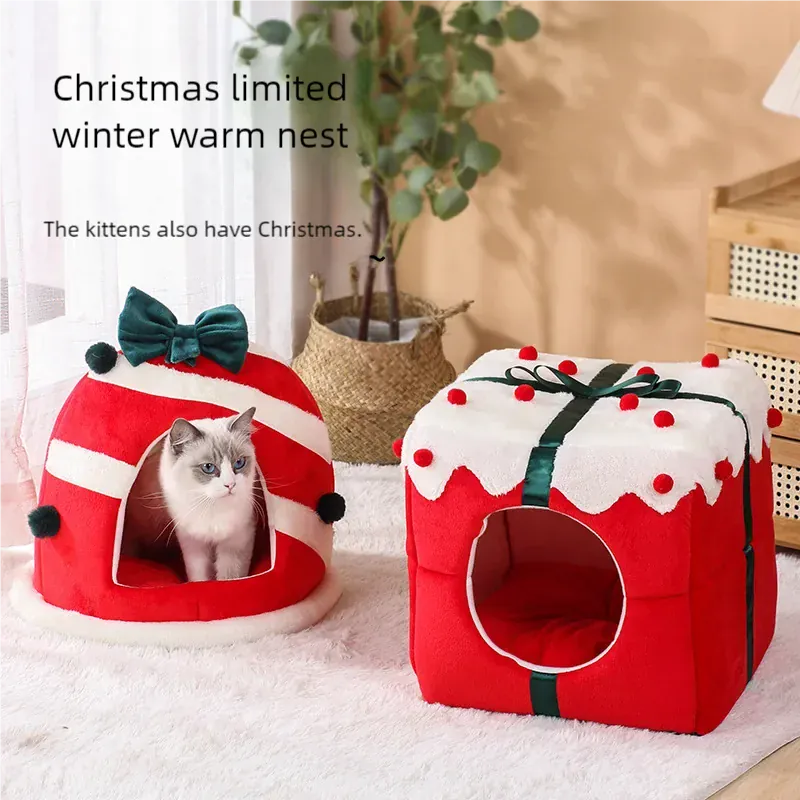 TechnuPet Cat Houses Christmas Box Design Warm Cat Nest Bed
