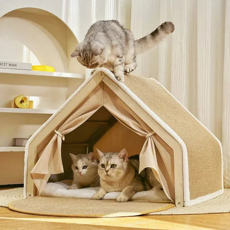 TechnuPet Cat Houses Semi-Enclosed Cat House with Scratcher