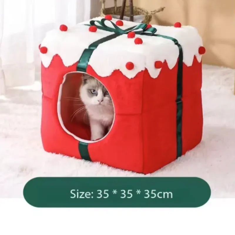 TechnuPet Cat Houses Square Christmas Box Design Warm Cat Nest Bed