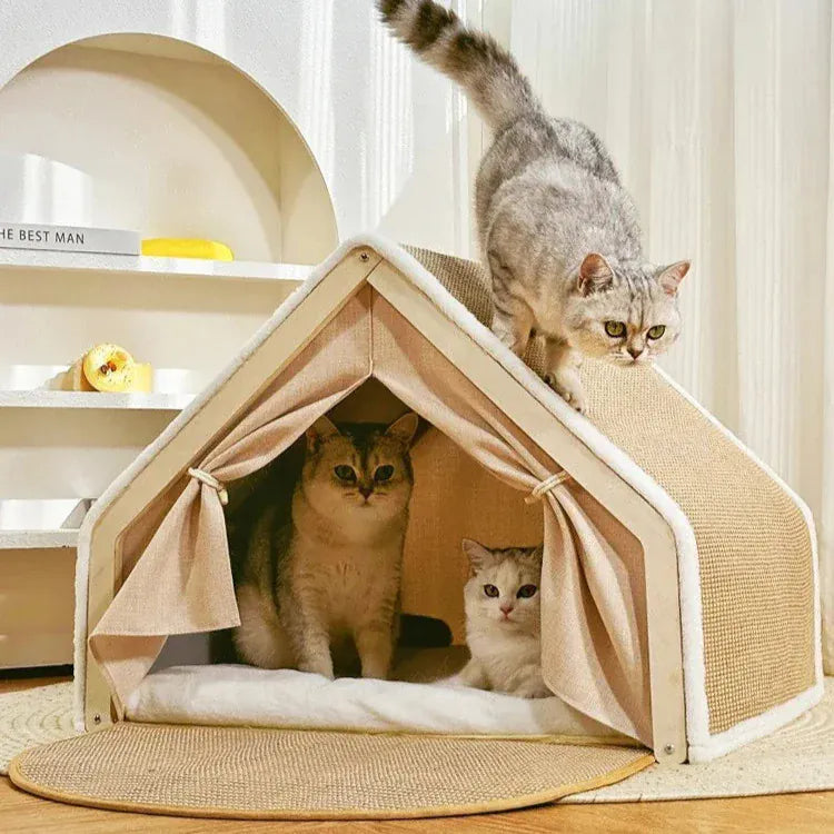 TechnuPet Cat Houses Semi-Enclosed Cat House with Scratcher